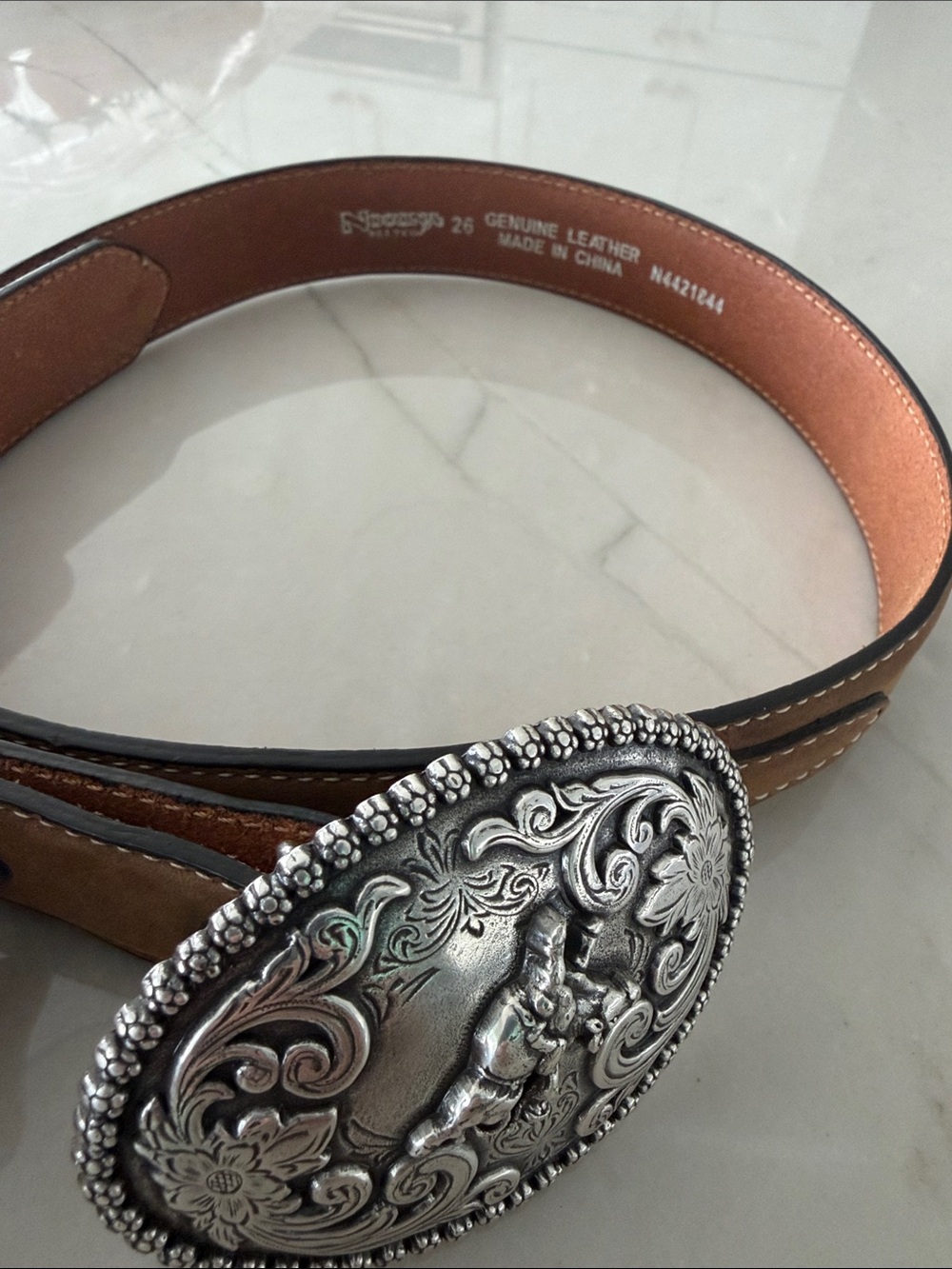 🤠Ladies Brown Genuine Leather Belt with Decorative Silver Western Buckle